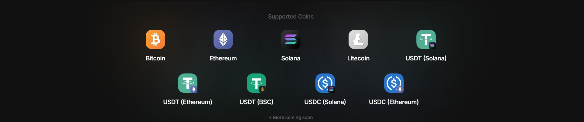 Supported Coins — Bitcoin, Ethereum, Solana, Litecoin, USDT, USDC and more coming soon